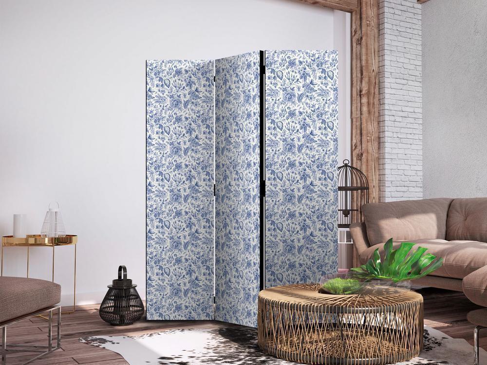 Room Divider - Illustration in Vintage Style - Blue Flowers on a White Background