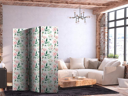 Room Divider - Peonies - Pink and White Flowers and Green Leaves on a White Background