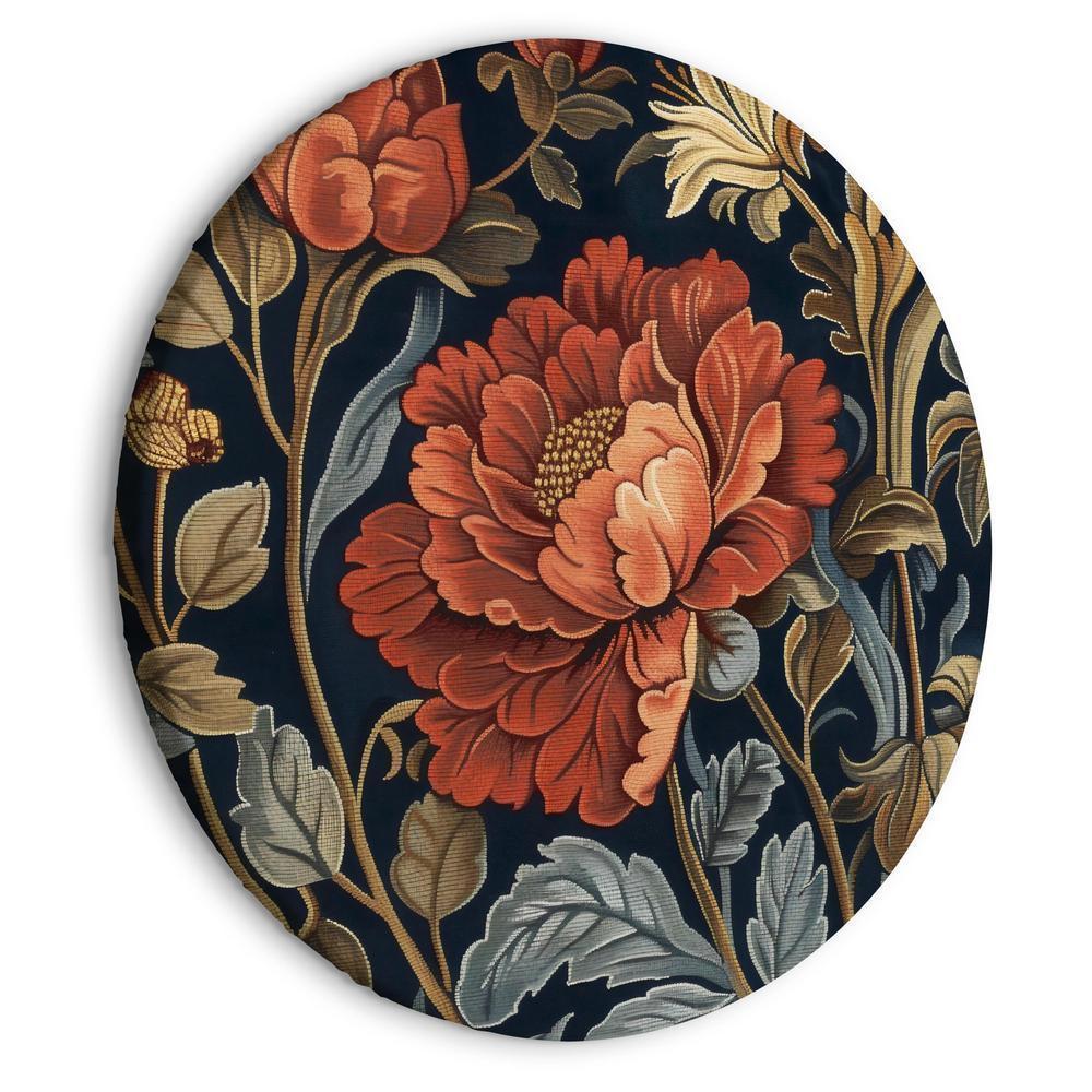 Round Canvas Print - Tapestry Large Flowers Retro Floral Motif in Kilim Style