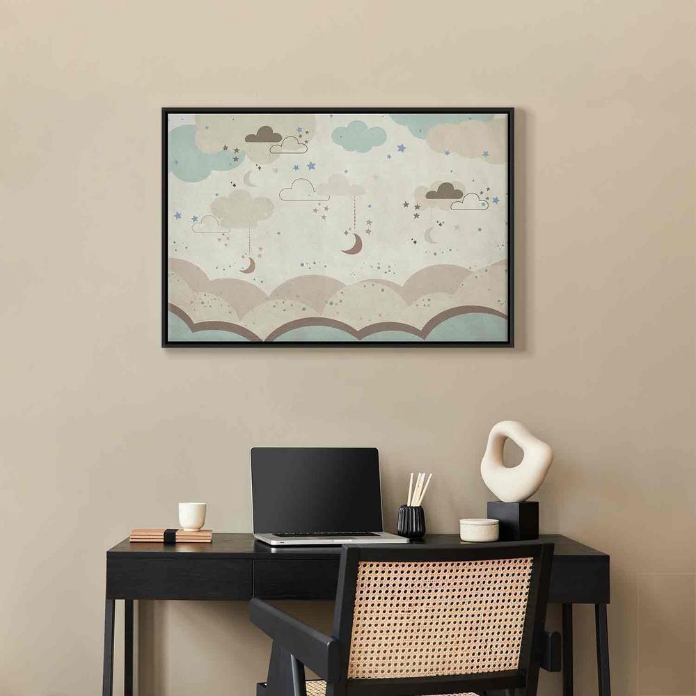 Canvas Print - Cloudy Night Sky - Moons in Brown and Beige Hues Among Clouds and Numerous Little Stars on a Light Background