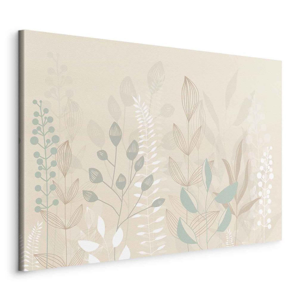 Impression sur toile - Matin dans la prairie - Diverses plantes pastel sur fond beige