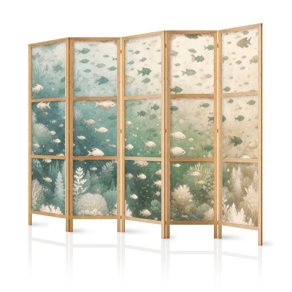 Japanese Room Divider - Fish and Diverse Vegetation - Grouping of Fish in Pastel Subdued Colors Among Oceanic Vegetation