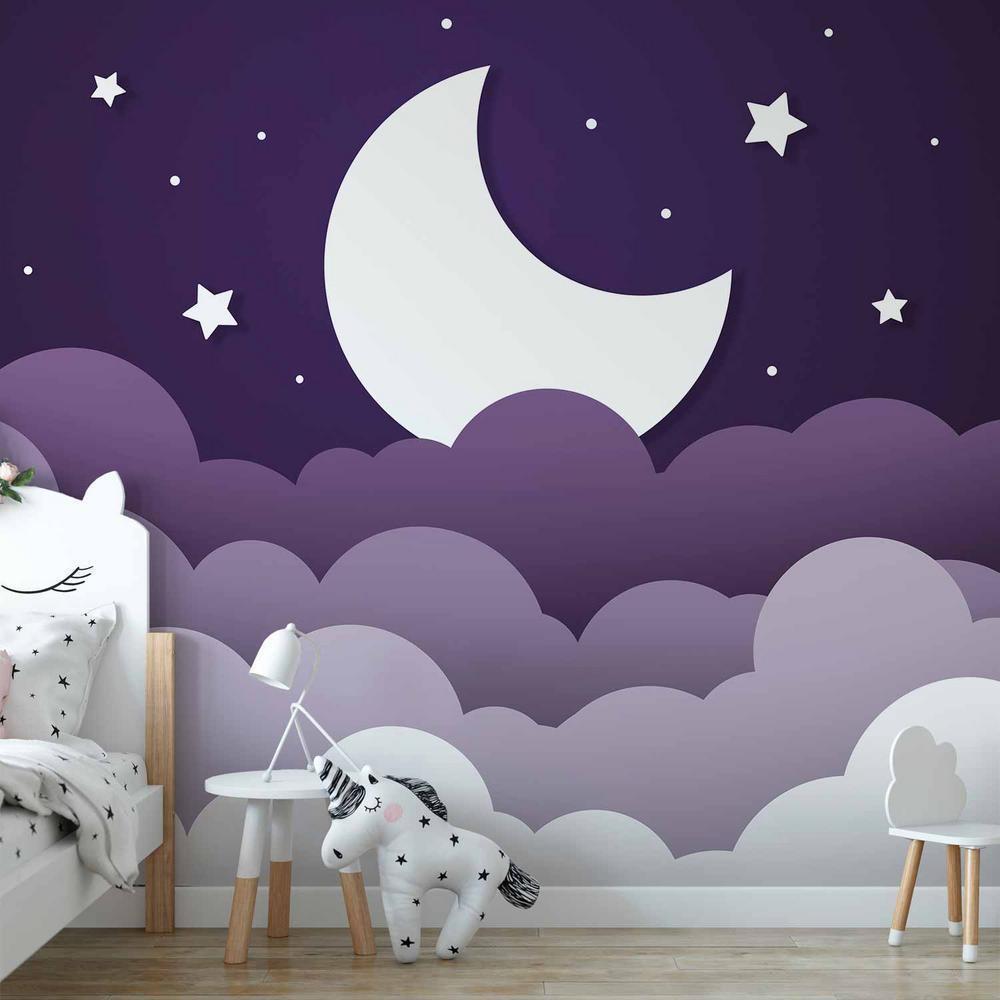 Papier peint - Rêve de lune - nuages ​​dans un ciel violet avec des étoiles pour les enfants