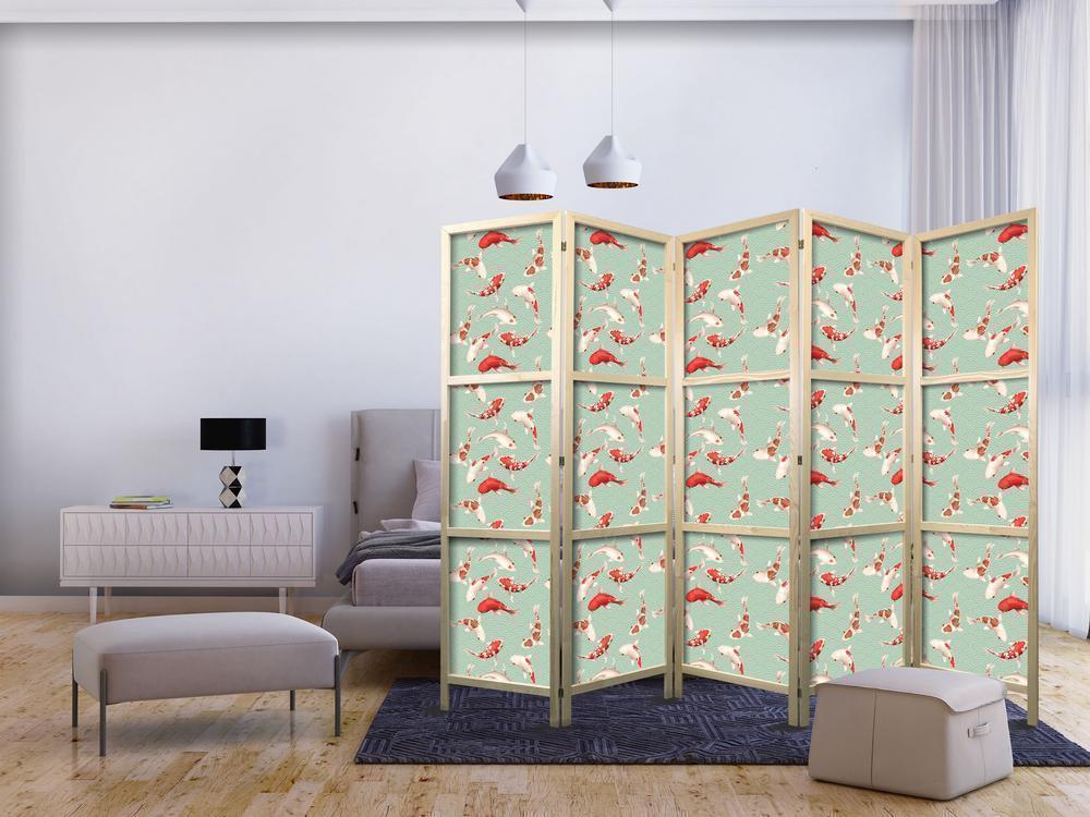 Japanese Room Divider - Fish and Japanese Pattern - Koi Fish in Orange-Cream Colors on a Green-Mint Background with an Oriental Pattern