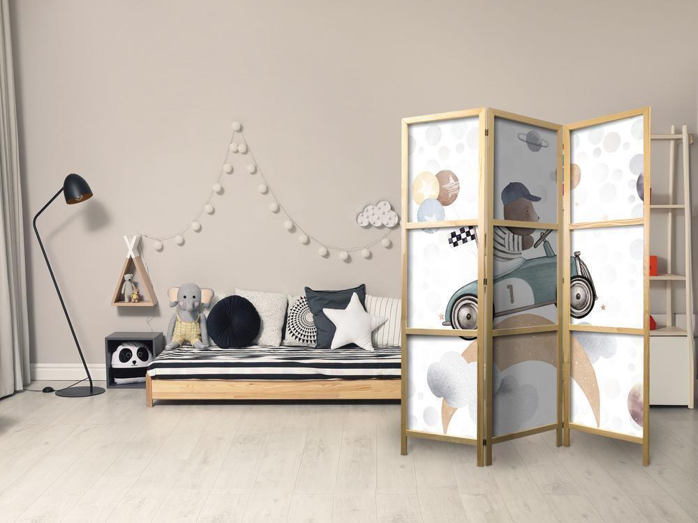 Japanese Room Divider - Galactic Races - Bear Participating in Car Races Among Planets - Clouds - and Stars in Pastel Colors