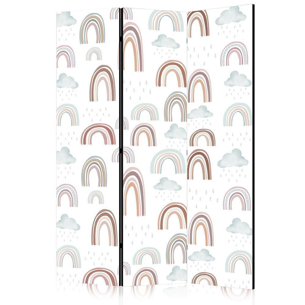 Room Divider - Rainbows and Clouds - Rainbows of Various Sizes in Muted Colors Among Rain Clouds in a Pale Blue Shade