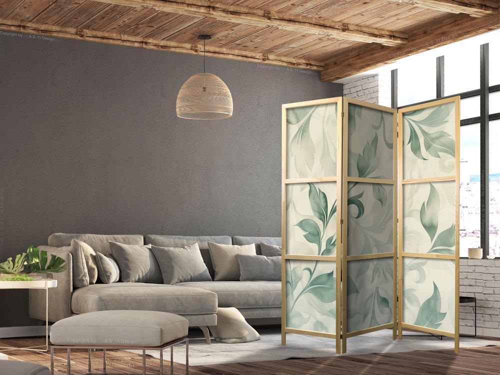 Japanese Room Divider - Watercolor Botanical Motif - Delicate Green-Beige Leaves