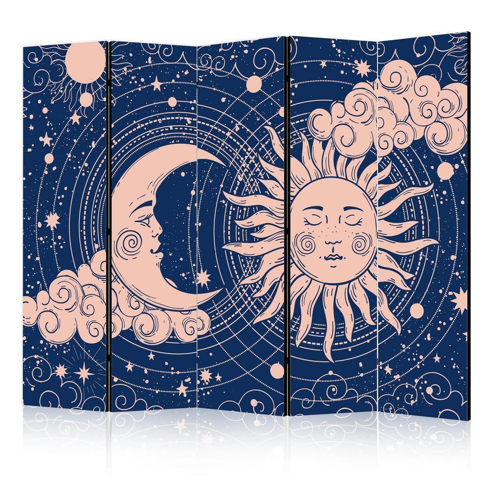 Room Divider - Cosmic Harmony - Illustration of the Sun and Moon on a Navy Background- A 5 Panel Folding Screen For Living rooms, bedrooms or home office, decorative folding screen made with wood and canvas