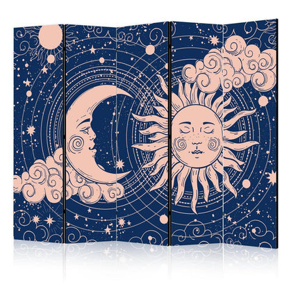 Room Divider - Cosmic Harmony - Illustration of the Sun and Moon on a Navy Background- A 5 Panel Folding Screen For Living rooms, bedrooms or home office, decorative folding screen made with wood and canvas