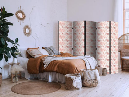 Room Divider - Pink Blossoming - Flowers in Warm Colors on a White Background- A 5 Panel Folding Screen For Living rooms, bedrooms or home office, decorative folding screen made with wood and canvas