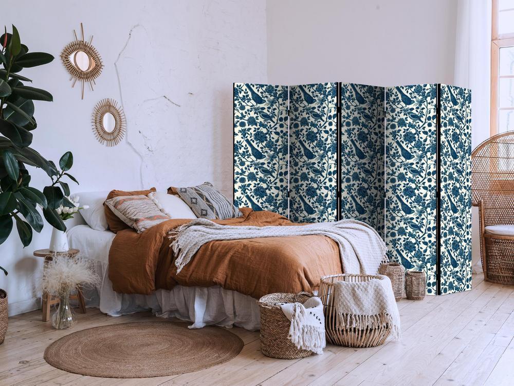 Room Divider - Rose Vines - Monochromatic Blue Birds Resting Among Roses- A 5 Panel Folding Screen For Living rooms, bedrooms or home office, decorative folding screen made with wood and canvas