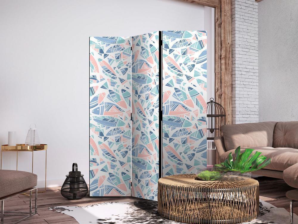 Room Divider - Fish in Minimalist Style - Fish in Aztec Style in Pastel Color Shades on a White Background