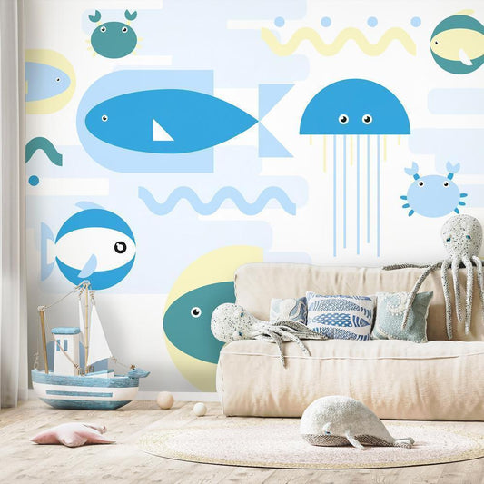 Wall Mural - Animals in the sea - geometric blue fish in water for kids-Wall Murals-ArtfulPrivacy