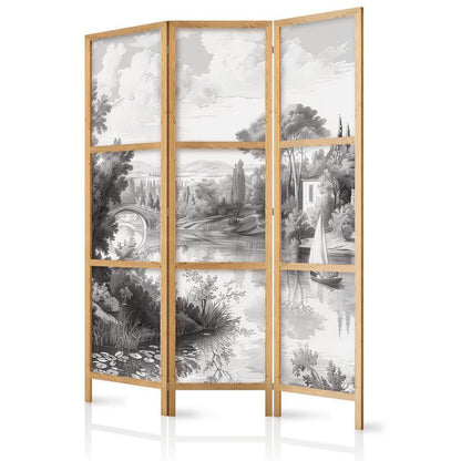 Japanese Room Divider - Black and White Vintage Landscape - Retro View of a Pond with a Boat