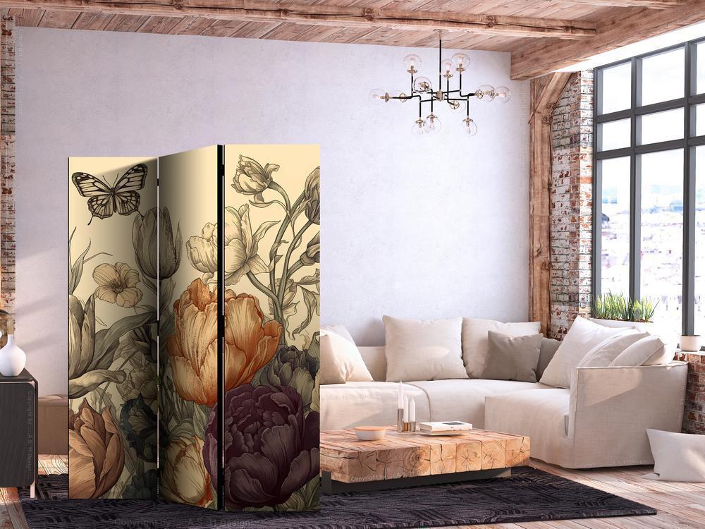 Room Divider - Tulips in Cream - Illustration of Flowers and Butterflies on a Light Background