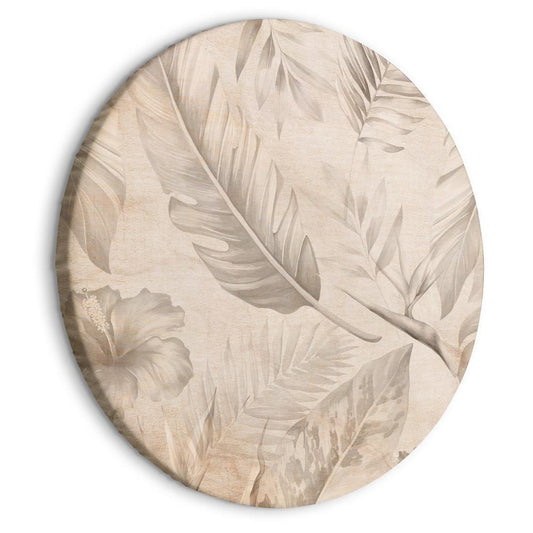 Circle shape wall decoration with printed design - Round Canvas Print - A multitude of exotic leaves and flowers - A subtle composition of tropical plant species maintained in sepia tones/Tropics in sepia - ArtfulPrivacy