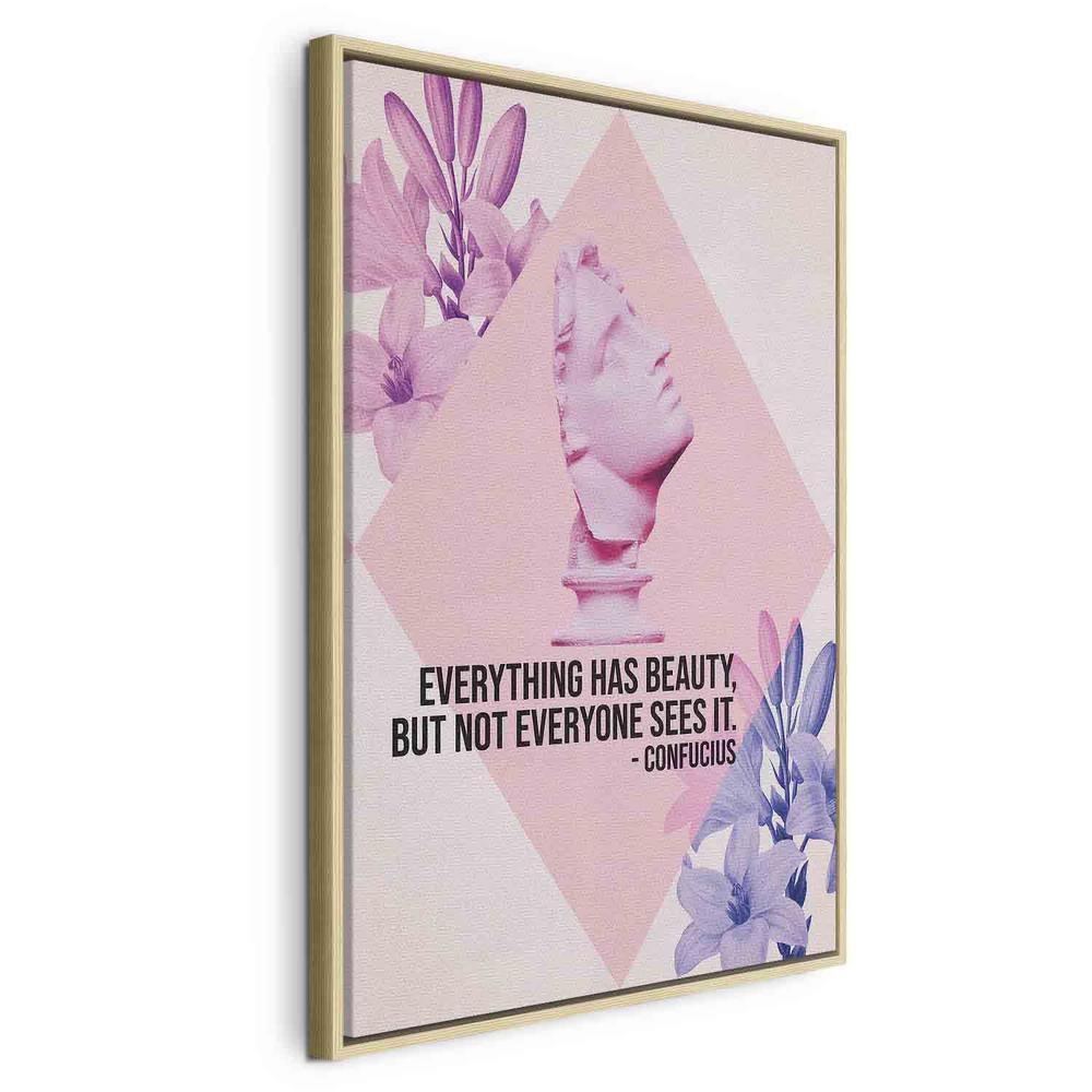 Canvas Print - Beauty in the Eyes - Inspirational Quote with Pink Bust and Flowers