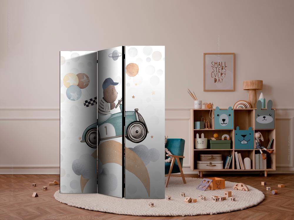 Room Divider - Galactic Races - Bear Participating in Car Races Among Planets - Clouds - and Stars in Pastel Hues