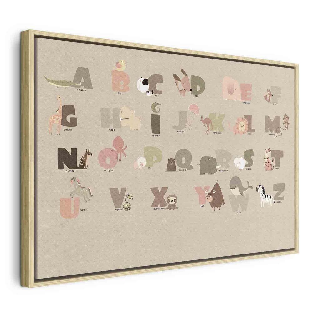 Impression sur toile - Alphabet au zoo - Animaux joyeux et leurs noms sur fond beige