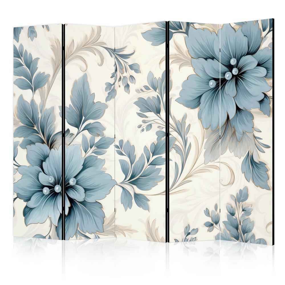 Room Divider - Turquoise Flowers in Retro Vibe Floral Ornaments- A 5 Panel Folding Screen For Living rooms, bedrooms or home office, decorative folding screen made with wood and canvas