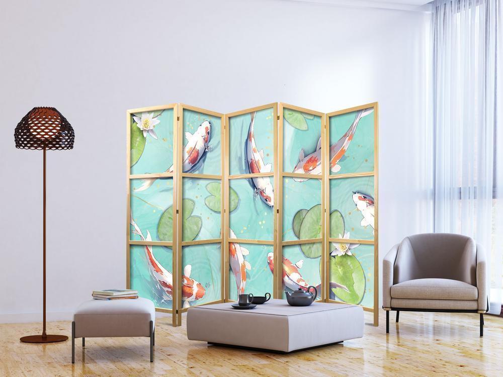 Japanese Room Divider - Spectacular Fish - White-Orange Koi Fish Swimming in Crystal Clear Water with Water Lilies