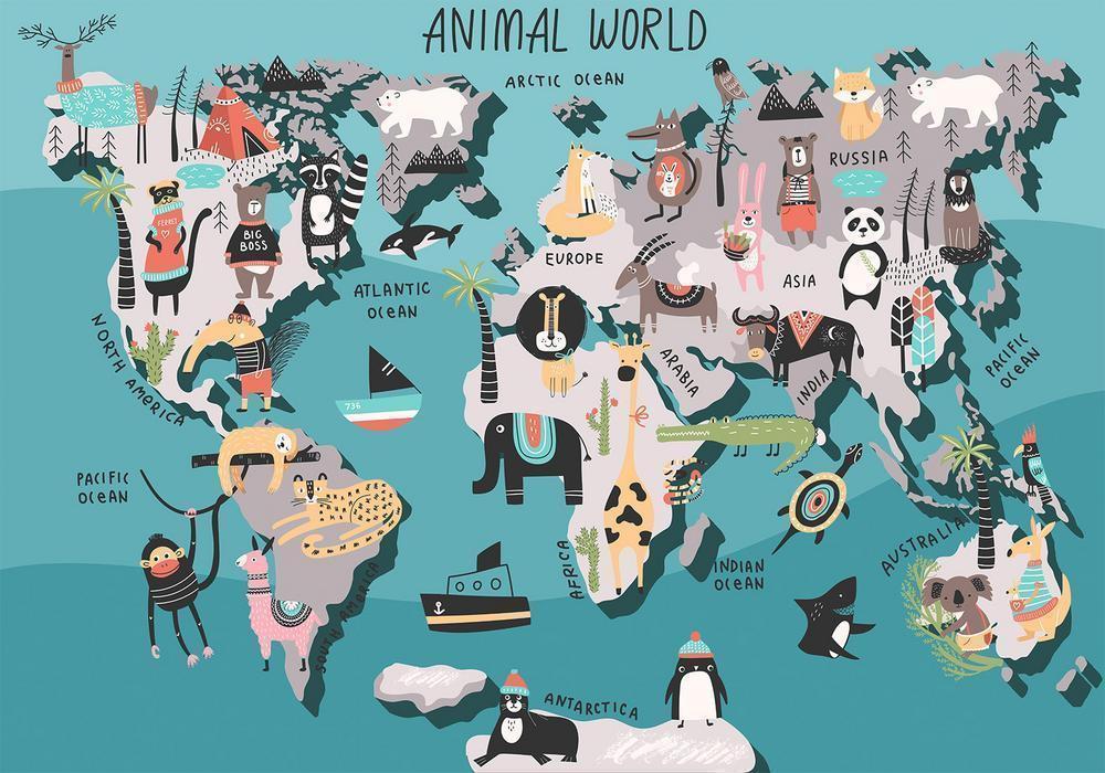 Wall Mural - Geography lesson for children - colourful world map with animals-Wall Murals-ArtfulPrivacy