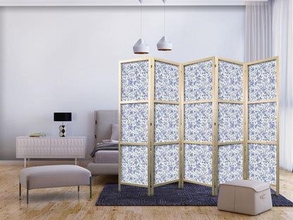 Japanese Room Divider - Illustration in Vintage Style - Blue Flowers on a White Background