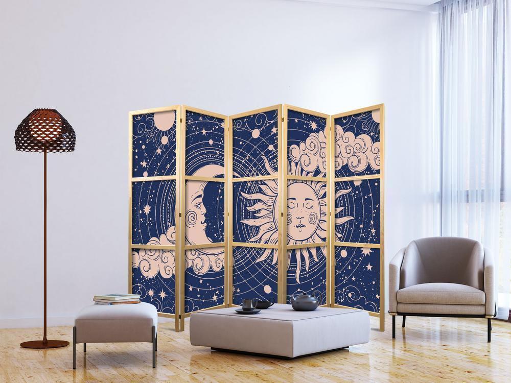 Japanese Room Divider - Cosmic Harmony - Illustration of the Sun and Moon on a Navy Background