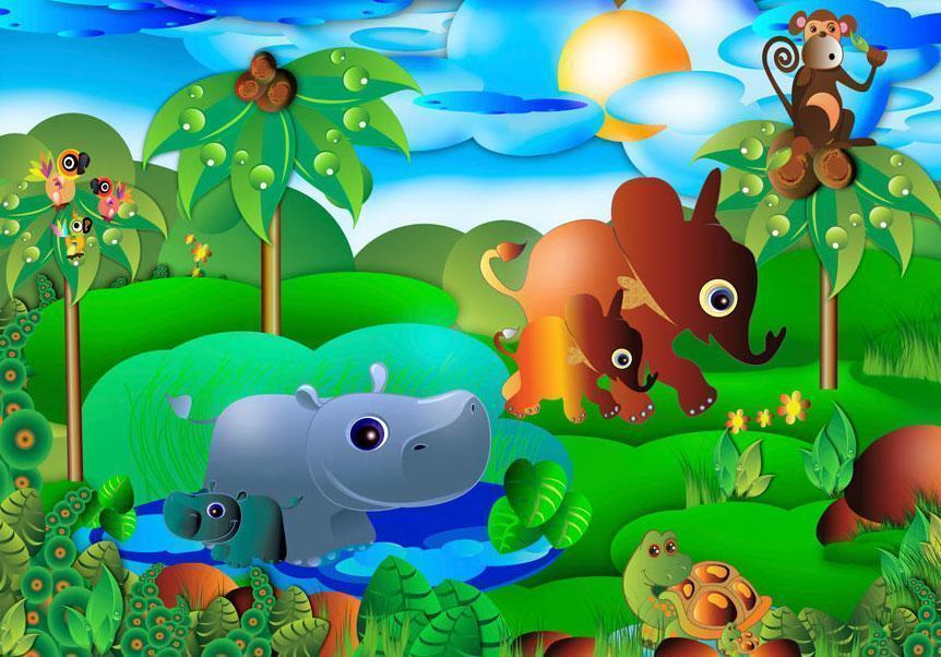 Wall Mural - Wild Animals in the Jungle - Elephant monkey turtle with trees for children-Wall Murals-ArtfulPrivacy