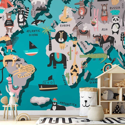 Wall Mural - Geography lesson for children - colourful world map with animals