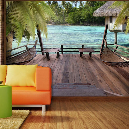 Wall Mural - Tropical Landscape - Turquoise water with palm trees and wooden cottages-Wall Murals-ArtfulPrivacy