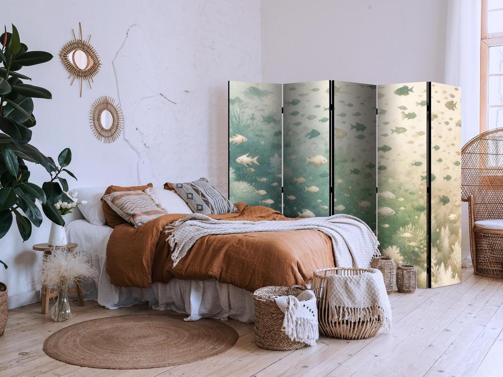 Room Divider - Fish and Diverse Vegetation - A Group of Fish in Pastel Muted Colors Among Oceanic Vegetation- A 5 Panel Folding Screen For Living rooms, bedrooms or home office, decorative folding screen made with wood and canvas