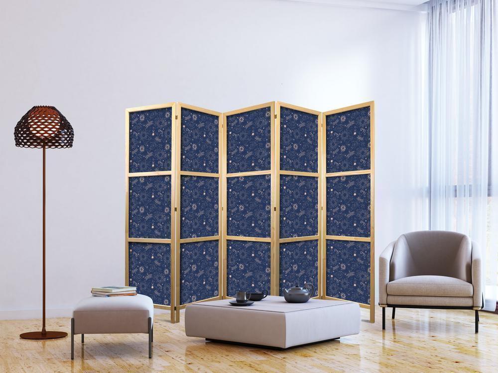 Japanese Room Divider - Cosmic Fantasy - Pattern with Suns - Moons - and Dragonflies on a Dark Background