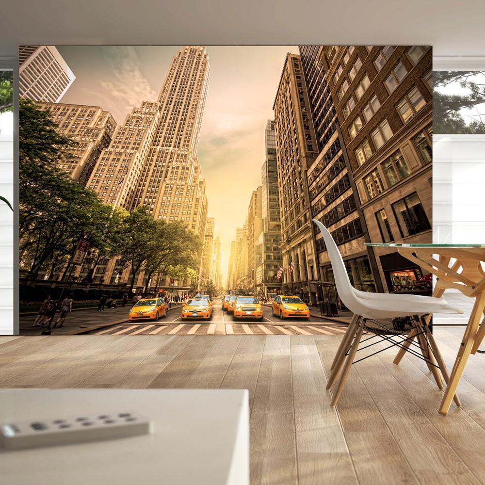 Wall Mural - In the Shadow of Skyscrapers - New York with Pedestrians and Taxi Cars-Wall Murals-ArtfulPrivacy