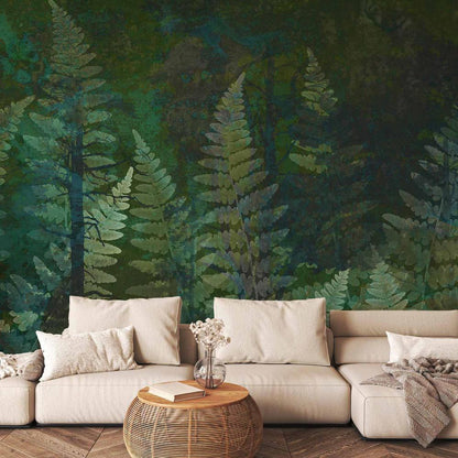 Wall Mural - Green abstraction in the forest - fern leaves in the trunks with patterns