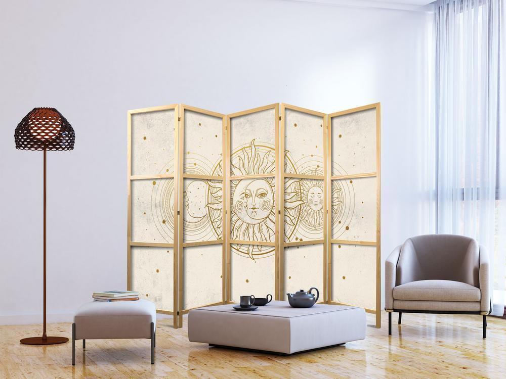 Japanese Room Divider - Golden Sun and Moon - Artistic Illustration in Retro Style