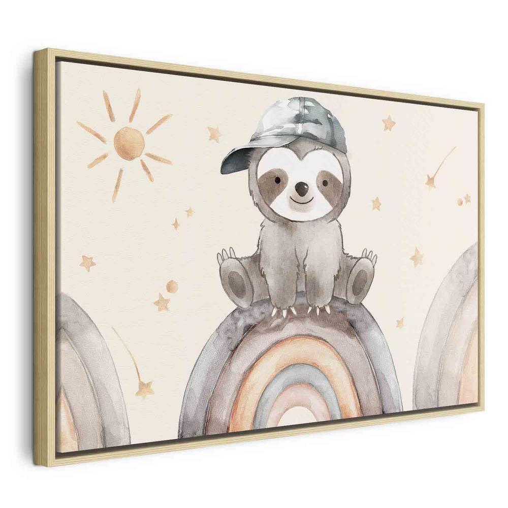 Canvas Print - Happy Sloth - Sloth in Subdued Colors Wearing a Cap Sitting on a Rainbow Among Little Stars