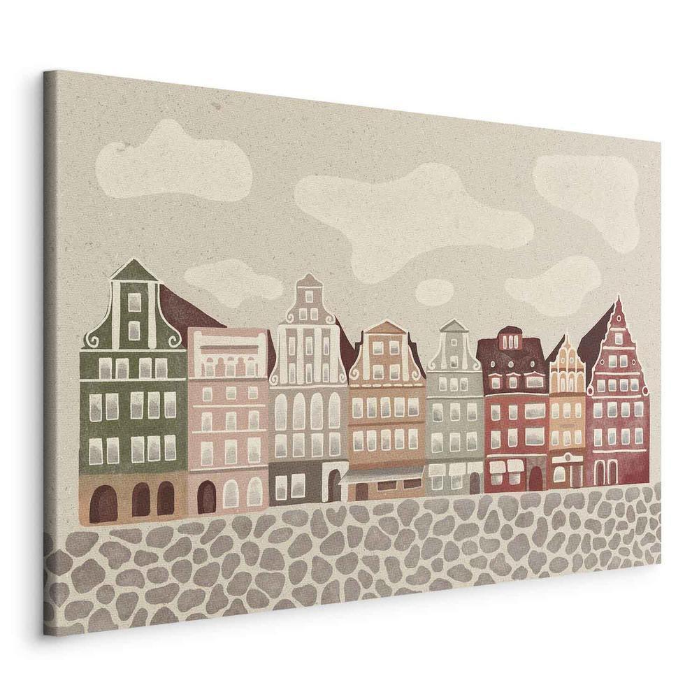 Impression sur toile - Salt Square - Maisons de ville colorées illustrées sur fond de ciel nuageux