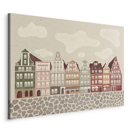 Impression sur toile - Salt Square - Maisons de ville colorées illustrées sur fond de ciel nuageux