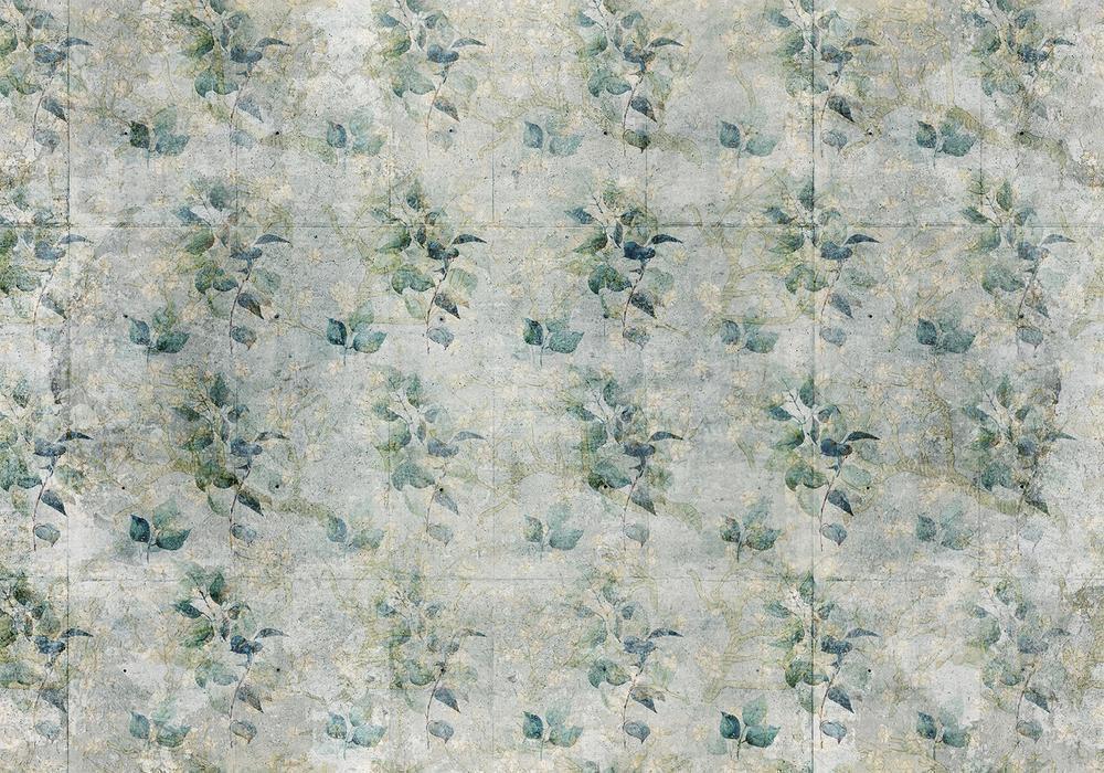 Wall Mural - Mint tones - green leaf bouquets on a retro patterned background-Wall Murals-ArtfulPrivacy