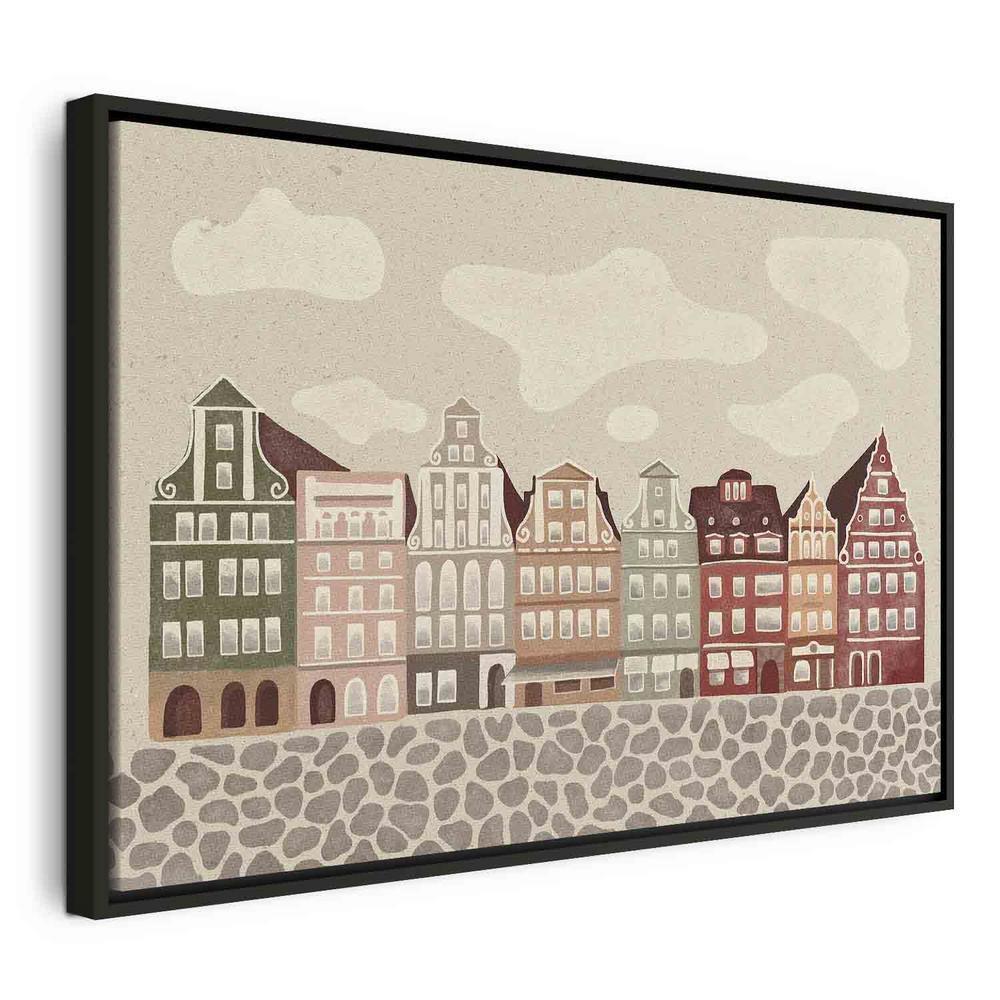 Impression sur toile - Salt Square - Maisons de ville colorées illustrées sur fond de ciel nuageux