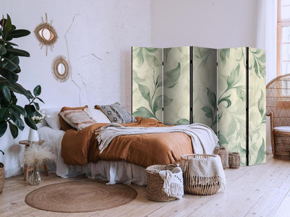 Room Divider - Watercolor Botanical Motif - Delicate Green-Beige Leaves- A 5 Panel Folding Screen For Living rooms, bedrooms or home office, decorative folding screen made with wood and canvas