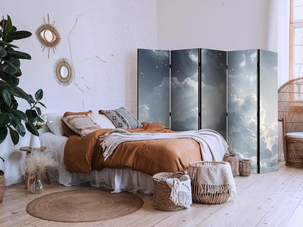 Room Divider - Astral Calm: Stars Scattered Above Gentle Clouds- A 5 Panel Folding Screen For Living rooms, bedrooms or home office, decorative folding screen made with wood and canvas