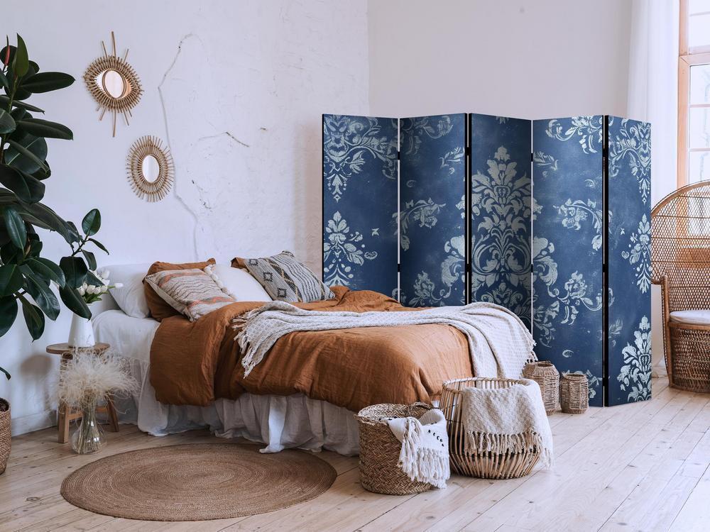 Room Divider - Retro Ornament - Decorative Motif in Rubbed Blues- A 5 Panel Folding Screen For Living rooms, bedrooms or home office, decorative folding screen made with wood and canvas