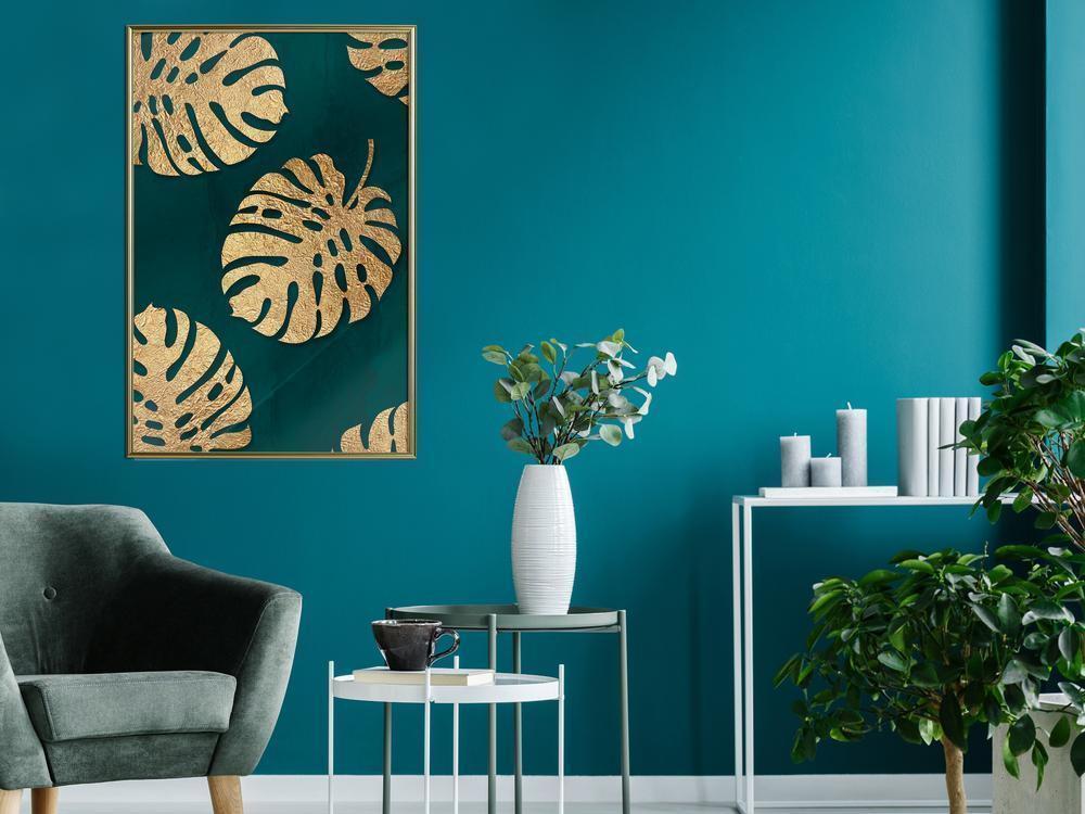 Golden Art Poster - Gilded Monstera Leaves-artwork for wall with acrylic glass protection