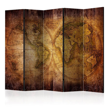 Room Divider - World on old map II- A 5 Panel Folding Screen For Living rooms, bedrooms or home office, decorative folding screen made with wood and canvas