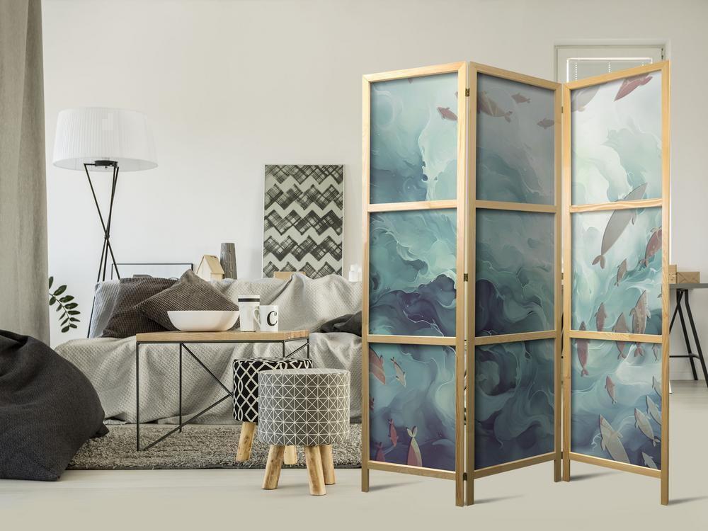 Japanese Room Divider - Escaping Fish - Very Fast Swimming Fish in Muted Colors Among Ocean Depths