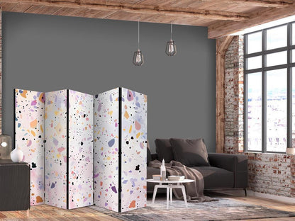 Room Divider - Terrazzo in Confetti Style - Violet-Pink - Colorful Pattern- A 5 Panel Folding Screen For Living rooms, bedrooms or home office, decorative folding screen made with wood and canvas