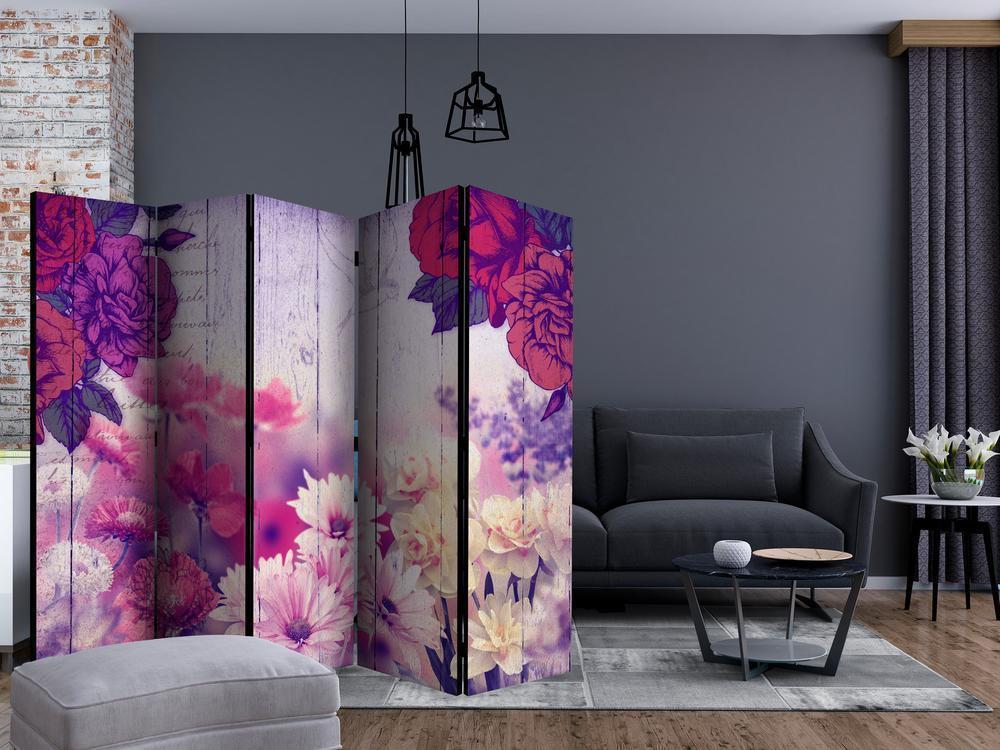 Room Divider - Flowers Memories II- A 5 Panel Folding Screen For Living rooms, bedrooms or home office, decorative folding screen made with wood and canvas