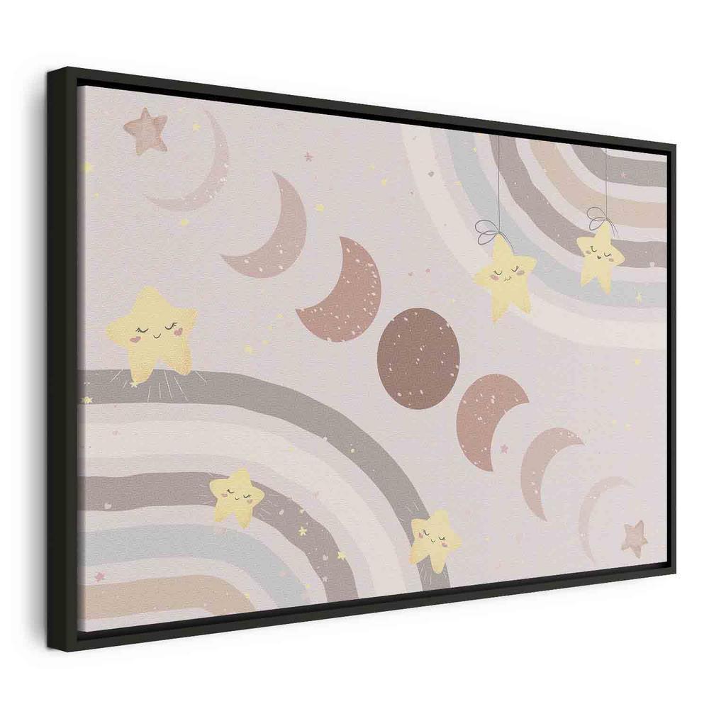 Canvas Print - Joyful Sky - Yellow Cheerful Stars with a Rainbow Against the Phases of the Moon in a Light Beige Sky Hue